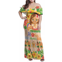 Kawaii Hula Girls Family Matching Off Shoulder Maxi Dress and Hawaiian Shirt Aloha Hibiscus Flowers LT9 Mom's Dress Nude - Polynesian Pride
