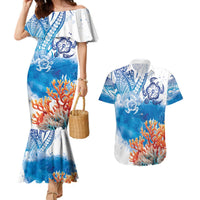 Hibiscus Turtle Tattoo Coral Reef Couples Matching Mermaid Dress and Hawaiian Shirt with Polynesian Tribal LT9 White - Polynesian Pride