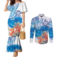 Hibiscus Turtle Tattoo Coral Reef Couples Matching Mermaid Dress and Long Sleeve Button Shirt with Polynesian Tribal LT9 White - Polynesian Pride