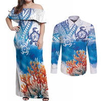 Hibiscus Turtle Tattoo Coral Reef Couples Matching Off Shoulder Maxi Dress and Long Sleeve Button Shirt with Polynesian Tribal LT9 White - Polynesian Pride
