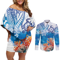 Hibiscus Turtle Tattoo Coral Reef Couples Matching Off Shoulder Short Dress and Long Sleeve Button Shirt with Polynesian Tribal LT9 White - Polynesian Pride