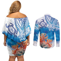 Hibiscus Turtle Tattoo Coral Reef Couples Matching Off Shoulder Short Dress and Long Sleeve Button Shirt with Polynesian Tribal LT9 - Polynesian Pride