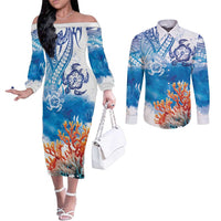 Hibiscus Turtle Tattoo Coral Reef Couples Matching Off The Shoulder Long Sleeve Dress and Long Sleeve Button Shirt with Polynesian Tribal LT9 White - Polynesian Pride