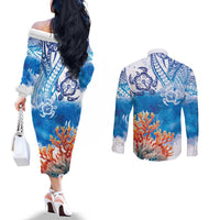 Hibiscus Turtle Tattoo Coral Reef Couples Matching Off The Shoulder Long Sleeve Dress and Long Sleeve Button Shirt with Polynesian Tribal LT9 - Polynesian Pride