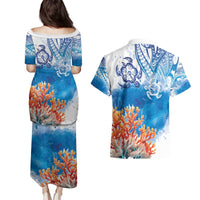 Hibiscus Turtle Tattoo Coral Reef Couples Matching Puletasi and Hawaiian Shirt with Polynesian Tribal LT9 - Polynesian Pride
