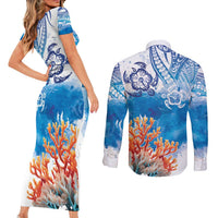 Hibiscus Turtle Tattoo Coral Reef Couples Matching Short Sleeve Bodycon Dress and Long Sleeve Button Shirt with Polynesian Tribal LT9 - Polynesian Pride