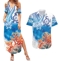 Hibiscus Turtle Tattoo Coral Reef Couples Matching Summer Maxi Dress and Hawaiian Shirt with Polynesian Tribal LT9 White - Polynesian Pride