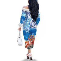 Hibiscus Turtle Tattoo Coral Reef Family Matching Off The Shoulder Long Sleeve Dress and Hawaiian Shirt with Polynesian Tribal LT9 - Polynesian Pride