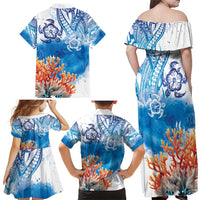 Hibiscus Turtle Tattoo Coral Reef Family Matching Off Shoulder Maxi Dress and Hawaiian Shirt with Polynesian Tribal LT9 - Polynesian Pride