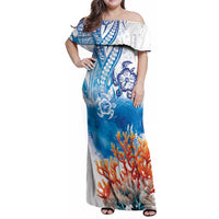 Hibiscus Turtle Tattoo Coral Reef Family Matching Off Shoulder Maxi Dress and Hawaiian Shirt with Polynesian Tribal LT9 Mom's Dress White - Polynesian Pride