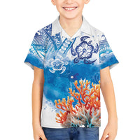 Hibiscus Turtle Tattoo Coral Reef Family Matching Off Shoulder Maxi Dress and Hawaiian Shirt with Polynesian Tribal LT9 Son's Shirt White - Polynesian Pride