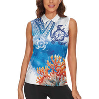 Hibiscus Turtle Tattoo Coral Reef Women Sleeveless Polo Shirt with Polynesian Tribal LT9 - Polynesian Pride