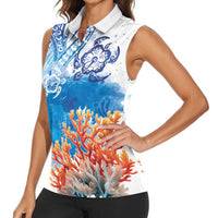 Hibiscus Turtle Tattoo Coral Reef Women Sleeveless Polo Shirt with Polynesian Tribal LT9 - Polynesian Pride
