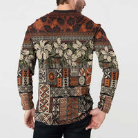 Pacific Hibiscus Tapa Tribal Vintage Button Sweatshirt Brown Motif