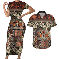 Pacific Hibiscus Tapa Tribal Vintage Couples Matching Short Sleeve Bodycon Dress and Hawaiian Shirt Brown Motif LT9 Brown - Polynesian Pride