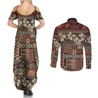 Pacific Hibiscus Tapa Tribal Vintage Couples Matching Summer Maxi Dress and Long Sleeve Button Shirt Brown Motif LT9 - Polynesian Pride