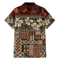 Pacific Hibiscus Tapa Tribal Vintage Family Matching Off The Shoulder Long Sleeve Dress and Hawaiian Shirt Brown Motif LT9 - Polynesian Pride