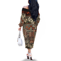 Pacific Hibiscus Tapa Tribal Vintage Family Matching Off The Shoulder Long Sleeve Dress and Hawaiian Shirt Brown Motif LT9 - Polynesian Pride