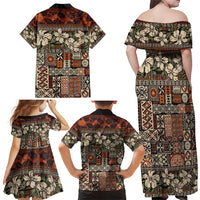 Pacific Hibiscus Tapa Tribal Vintage Family Matching Off Shoulder Maxi Dress and Hawaiian Shirt Brown Motif LT9 - Polynesian Pride
