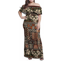Pacific Hibiscus Tapa Tribal Vintage Family Matching Off Shoulder Maxi Dress and Hawaiian Shirt Brown Motif LT9 Mom's Dress Brown - Polynesian Pride