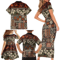 Pacific Hibiscus Tapa Tribal Vintage Family Matching Short Sleeve Bodycon Dress and Hawaiian Shirt Brown Motif LT9 - Polynesian Pride
