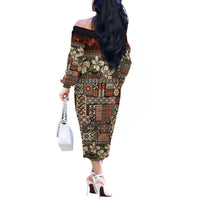 Pacific Hibiscus Tapa Tribal Vintage Off The Shoulder Long Sleeve Dress Brown Motif LT9 - Polynesian Pride