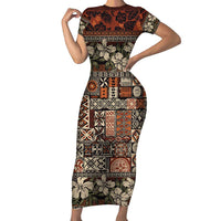 Pacific Hibiscus Tapa Tribal Vintage Short Sleeve Bodycon Dress Brown Motif LT9 Long Dress Brown - Polynesian Pride