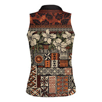 Pacific Hibiscus Tapa Tribal Vintage Women Sleeveless Polo Shirt Brown Motif LT9 - Polynesian Pride