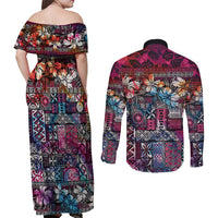 Pacific Hibiscus Tapa Tribal Vintage Couples Matching Off Shoulder Maxi Dress and Long Sleeve Button Shirt Pink Motif LT9 - Polynesian Pride