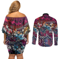 Pacific Hibiscus Tapa Tribal Vintage Couples Matching Off Shoulder Short Dress and Long Sleeve Button Shirt Pink Motif LT9 - Polynesian Pride