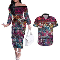 Pacific Hibiscus Tapa Tribal Vintage Couples Matching Off The Shoulder Long Sleeve Dress and Hawaiian Shirt Pink Motif LT9 Pink - Polynesian Pride