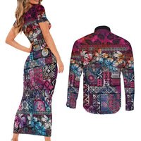 Pacific Hibiscus Tapa Tribal Vintage Couples Matching Short Sleeve Bodycon Dress and Long Sleeve Button Shirt Pink Motif LT9 - Polynesian Pride