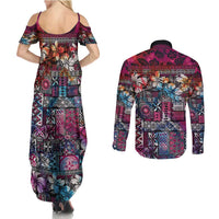 Pacific Hibiscus Tapa Tribal Vintage Couples Matching Summer Maxi Dress and Long Sleeve Button Shirt Pink Motif LT9 - Polynesian Pride