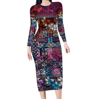 Pacific Hibiscus Tapa Tribal Vintage Family Matching Long Sleeve Bodycon Dress and Hawaiian Shirt Pink Motif LT9 Mom's Dress Pink - Polynesian Pride