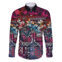 Pacific Hibiscus Tapa Tribal Vintage Family Matching Off The Shoulder Long Sleeve Dress and Hawaiian Shirt Pink Motif LT9 Dad's Shirt - Long Sleeve Pink - Polynesian Pride