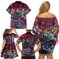 Pacific Hibiscus Tapa Tribal Vintage Family Matching Off Shoulder Short Dress and Hawaiian Shirt Pink Motif LT9 - Polynesian Pride