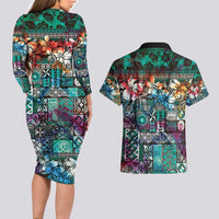 Pacific Hibiscus Tapa Tribal Vintage Couples Matching Long Sleeve Bodycon Dress and Hawaiian Shirt Turquoise Motif LT9 - Polynesian Pride