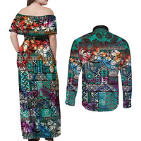 Pacific Hibiscus Tapa Tribal Vintage Couples Matching Off Shoulder Maxi Dress and Long Sleeve Button Shirt Turquoise Motif LT9 - Polynesian Pride