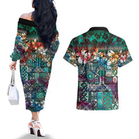 Pacific Hibiscus Tapa Tribal Vintage Couples Matching Off The Shoulder Long Sleeve Dress and Hawaiian Shirt Turquoise Motif LT9 - Polynesian Pride