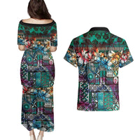 Pacific Hibiscus Tapa Tribal Vintage Couples Matching Puletasi and Hawaiian Shirt Turquoise Motif LT9 - Polynesian Pride