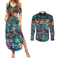 Pacific Hibiscus Tapa Tribal Vintage Couples Matching Summer Maxi Dress and Long Sleeve Button Shirt Turquoise Motif LT9 Turquoise - Polynesian Pride