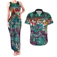 Pacific Hibiscus Tapa Tribal Vintage Couples Matching Tank Maxi Dress and Hawaiian Shirt Turquoise Motif LT9 Turquoise - Polynesian Pride