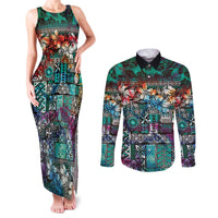 Pacific Hibiscus Tapa Tribal Vintage Couples Matching Tank Maxi Dress and Long Sleeve Button Shirt Turquoise Motif LT9 Turquoise - Polynesian Pride