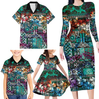 Pacific Hibiscus Tapa Tribal Vintage Family Matching Long Sleeve Bodycon Dress and Hawaiian Shirt Turquoise Motif LT9 - Polynesian Pride