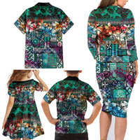 Pacific Hibiscus Tapa Tribal Vintage Family Matching Long Sleeve Bodycon Dress and Hawaiian Shirt Turquoise Motif LT9 - Polynesian Pride