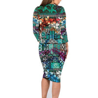 Pacific Hibiscus Tapa Tribal Vintage Family Matching Long Sleeve Bodycon Dress and Hawaiian Shirt Turquoise Motif LT9 - Polynesian Pride
