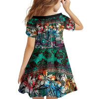 Pacific Hibiscus Tapa Tribal Vintage Family Matching Mermaid Dress and Hawaiian Shirt Turquoise Motif