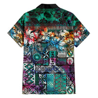 Pacific Hibiscus Tapa Tribal Vintage Family Matching Off The Shoulder Long Sleeve Dress and Hawaiian Shirt Turquoise Motif LT9 - Polynesian Pride