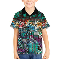 Pacific Hibiscus Tapa Tribal Vintage Family Matching Off The Shoulder Long Sleeve Dress and Hawaiian Shirt Turquoise Motif LT9 Son's Shirt Turquoise - Polynesian Pride