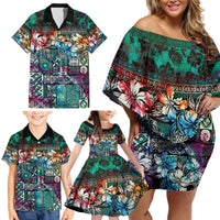 Pacific Hibiscus Tapa Tribal Vintage Family Matching Off Shoulder Short Dress and Hawaiian Shirt Turquoise Motif LT9 - Polynesian Pride